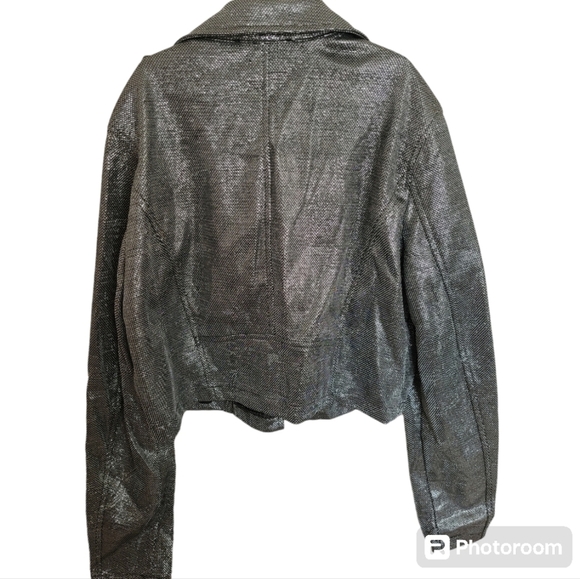 Forever 21 Silver Shimmer Black Biker Jacket Size Large - Picture 2 of 10